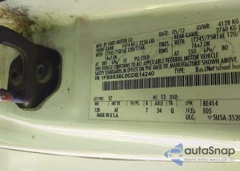 2012 Ford E-350 Super Duty Xl из США, поврежденный, VIN 1FBSS3BL0CDB14240